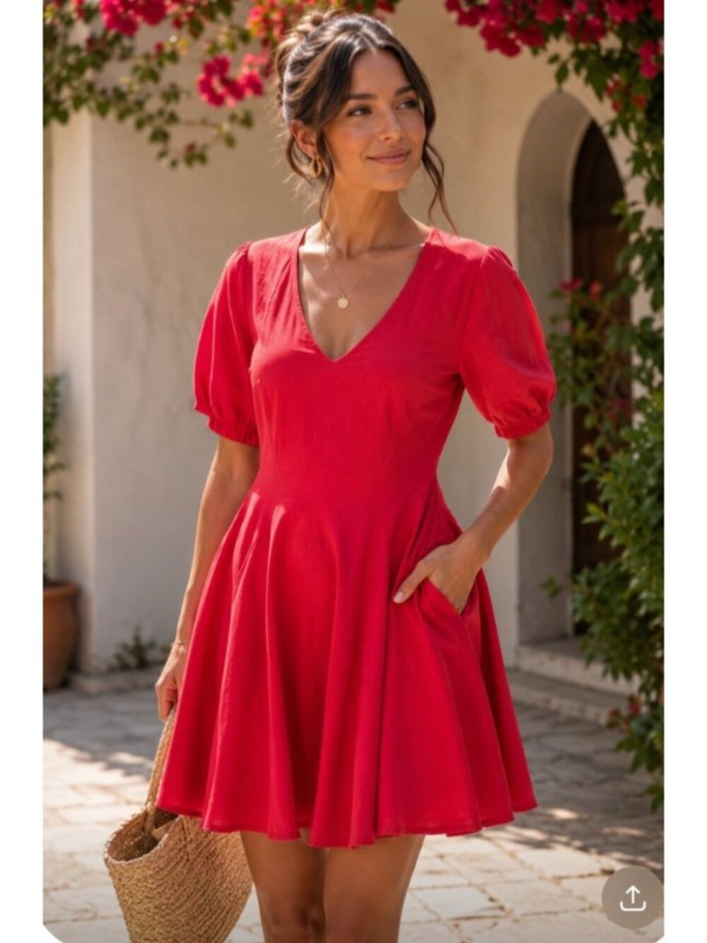 Womens Mini Dress Puff Sleeve Swing Summer Flirty Fit & Flare Pockets Size S Red